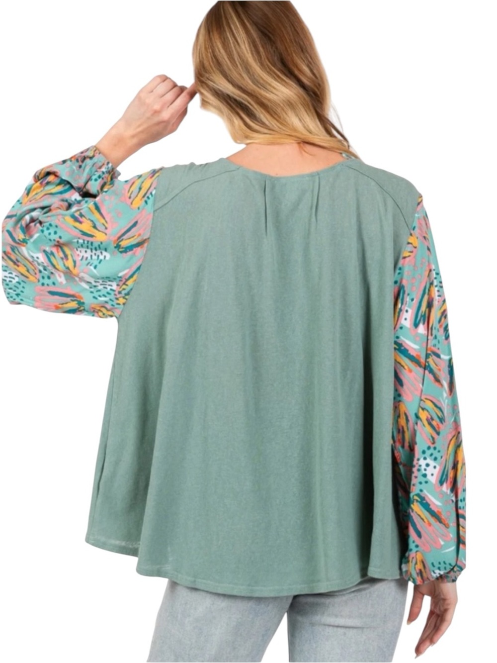 NWT Sage + Fig Pleated Front Balloon Sleeve Boho Top Sage Green M - Picture 2 of 9